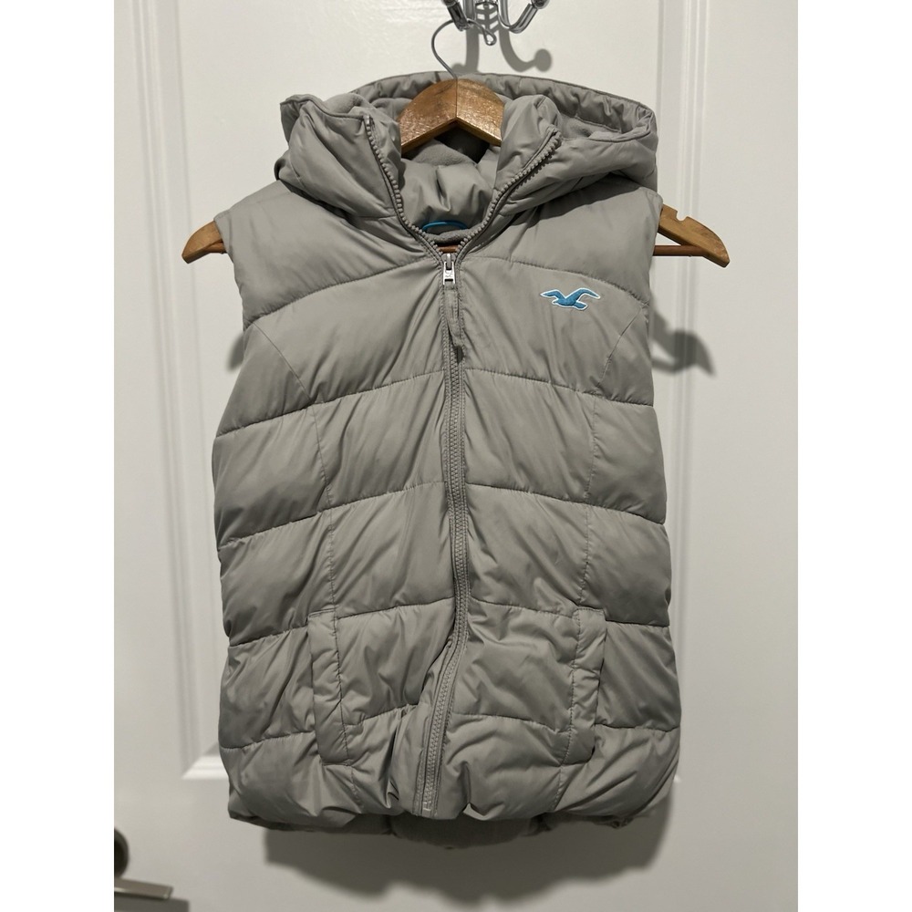 Hollister Hooded Gray Puffer Fleece Lined Vest Women's‎ Size Large Y2K